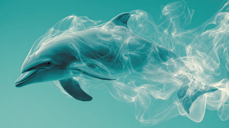 A dolphin crafted from flowing smoke trails leaps through smoky waves against a gradient turquoise background. This ethereal and fluid image is ideal for ocean-themed marketing.の素材