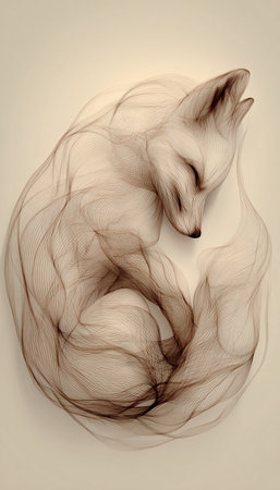 Minimalist artwork of a curled fox formed by swirling smoke lines on a soft ivory background. A subtle glow enhances the calm and cozy atmosphere, creating an elegant visual.の素材
