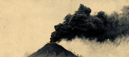A powerful image of a volcano mid-eruption, silhouetted against a textured gray background. Bold black smoke forms a dramatic cloud, ideal for energy branding or metaphorical use.の素材