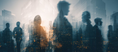A cinematic composition blending city buildings with silhouettes of office teamwork, symbolizing innovation and global vision. The image conveys a modern corporate atmosphere.の素材