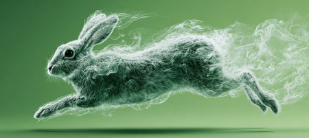 A rabbit crafted from soft white smoke trails leaps dynamically against a spring green background. The fine tendrils suggest speed and motion, creating a serene and clean concept.の素材