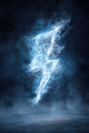 A striking lightning-shaped power icon emerges from a smoke explosion, set against a dark industrial-style background. Perfect for sports, energy, or gaming visuals.の素材