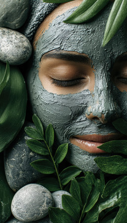 A serene woman with a clay mask relaxes among lush green leaves and smooth spa stones, embodying an organic and eco-luxury skincare aesthetic.の素材