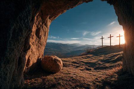 A stone tomb illuminated by morning light, with three crosses silhouetted on a distant hill. The scene captures a symbolic resurrection theme during the cinematic golden hour.の素材