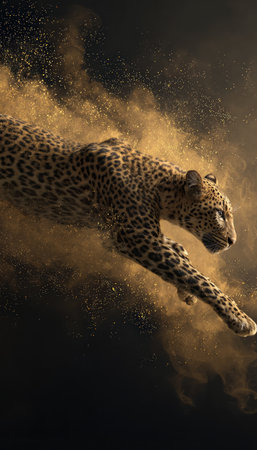 A leopard captured mid-leap, its body dynamically stretched amidst golden smoke, set against a dark slate background. The image exudes agility and drama, ideal for energetic visuals.の素材