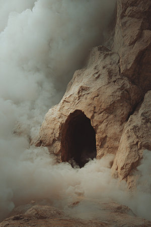 A cave entrance formed by dense smoke in a cliffside setting, surrounded by mist on a stone-colored background. The scene is mysterious and immersive, ideal for travel themes.の素材
