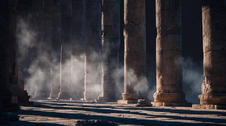 A row of ancient columns stands in a ruin site, enveloped in textured smoke layers. Some columns are leaning or broken, set on a sunlit stone field, evoking a historic and timeless atmosphere.の素材