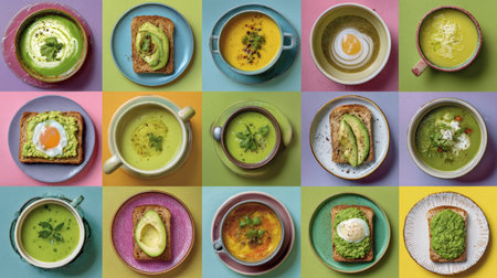 Artistic top-down collage featuring vibrant vegetable soups and diverse avocado toast variations. Bright colors and textures create an editorial magazine concept.の素材