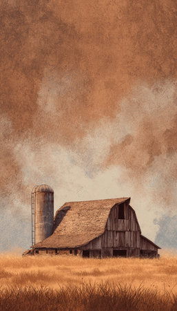 Illustration of a traditional barn with a pitched roof and silo, crafted from earthy-toned smoke. Set against a golden field, this nostalgic image is ideal for rustic branding.の素材