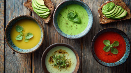 A vibrant display of creamy vegetable soups in bowls, accompanied by sliced avocado toast. Set on a minimalist wooden table, the scene captures a Scandinavian food aesthetic in soft daylight.の素材