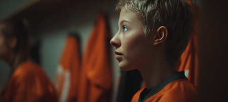 Young Athletes Preparing in Locker Room with Orange Uniformsの素材