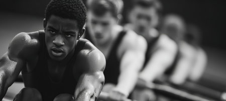 Black and White High-Contrast Photo of Rowers Mid-Pull in Timeless Athletic Styleの素材