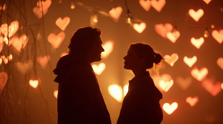 Silhouetted Lovers Surrounded by Heart-Shaped Lights in Romantic Glowの素材