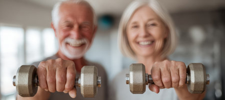 Joyful Senior Couple Holding Dumbbells in Cinematic Lightingの素材