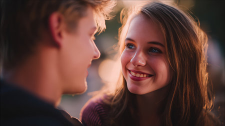 Young Couple Smiling at Each Other in Soft Evening Lightの素材