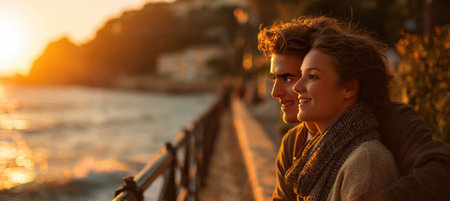 Romantic Couple Enjoying Sunset by Seaside Promenadeの素材