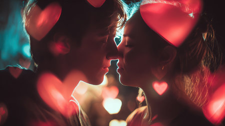 Romantic Couple Embracing Amidst Heart-Shaped Bokeh Lightsの素材