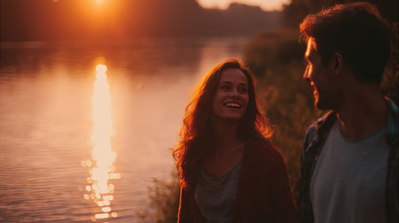 Romantic Couple Strolling by River at Sunset with Warm Light Reflectionsの素材