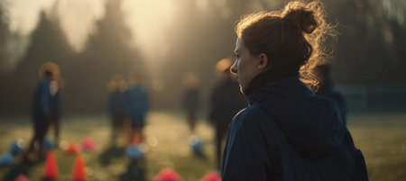 Female Football Coach Leading Youth Training in Morning Sunlightの素材
