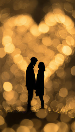 Silhouette of Lovers with Golden Heart Bokeh Backgroundの素材