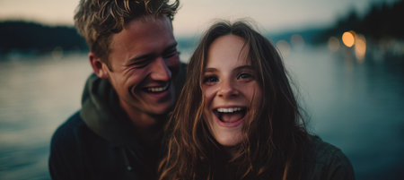 Carefree Couple Laughing by Water at Twilight with Warm Ambient Glowの素材