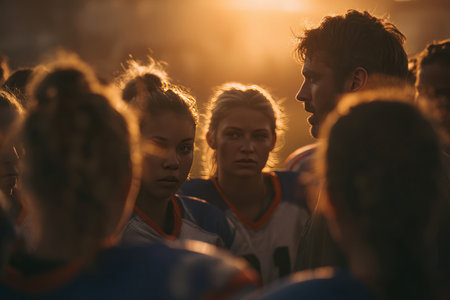 Coach Motivating Team in Huddle with Warm Golden Lightの素材