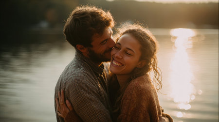 Cheerful Couple Embracing at Sunset by Water in Romantic Natural Styleの素材