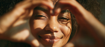 Close-Up Portrait of Woman Making Heart Symbol with Hands in Sunlightの素材