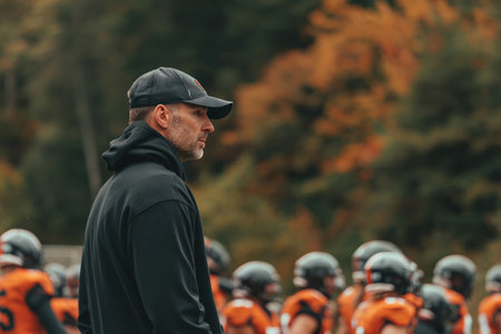 Football Coach Observing Team Practice in Autumn Settingの素材