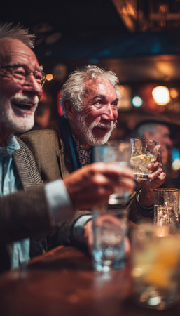 Elderly Men Laughing and Cheering in a Cozy Bar Settingの素材