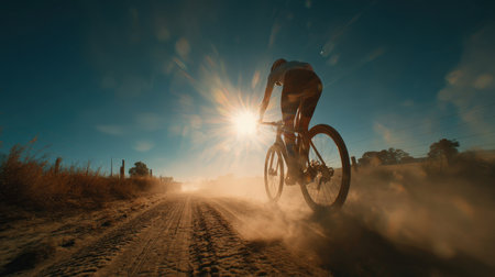 Cyclist Riding Through Rural Landscape with Sun Flare and Dust Trailの素材