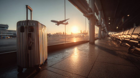 Cinematic Low-Angle View of Suitcase in Airport at Sunrise with Airplaneの素材