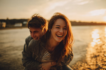 Joyful Couple Laughing at Sunset by Riverside in Golden Hourの素材