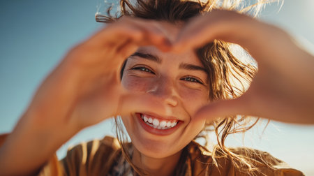 Joyful Woman Framing Face with Hand Heart Outdoors in Warm Sunlightの素材