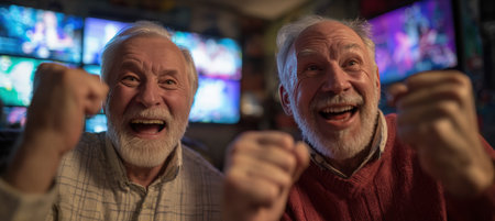 Senior Men Celebrating with Joyful Fists Raised, Sports Screens in Backgroundの素材