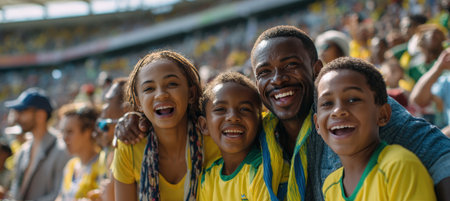 Family Enjoying Live Soccer Game at Stadium on Sunny Dayの素材