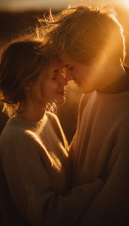 Cinematic Golden Hour Portrait of Couple in Sweaters with Romantic Sunset Glowの素材