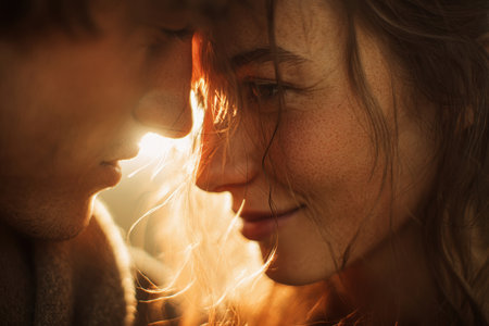 Romantic Couple Portrait in Warm Sunlight with Dreamy Tonesの素材