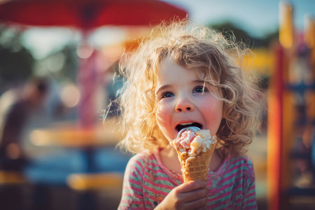 Joyful Child Enjoying Melting Ice Cream at Playground in Summerの素材