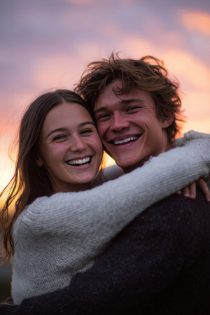 Romantic Couple Embracing at Dusk with Soft Backlightingの素材