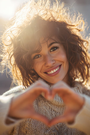Joyful woman smiling through heart-shaped hands in golden sunlightの素材