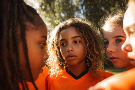 Youth Team Bonding Before Match in Sunlit Afternoon Settingの素材