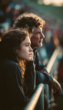 Emotional Parents Watching Athlete from Stands in Golden Lightの素材