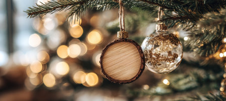 Close-up of Personalized Christmas Ornaments on Tree with Bokeh Lightsの素材