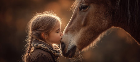 Child Kissing Horse in Soft Golden Light, Perfect for Family Brandsの素材