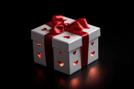 Luxurious White Gift Box with Glowing Red Ribbon and Heart Accentsの素材