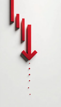 Minimalist Red Arrow Symbolizing Economic Decline on White Backgroundの素材