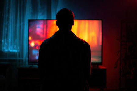 Silhouette of Person Against Glowing TV Screen in Cinematic Lightingの素材
