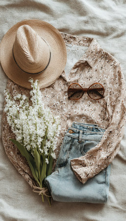 Spring Fashion Flat Lay with Blouse, Jeans, Straw Hat, and Sunglassesの素材