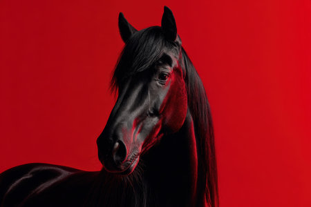 Friesian Horse with Jet Black Coat on Vibrant Red Background in Studioの素材